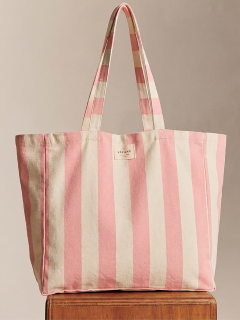 Sézane Big Tote, recycled cotton, pink and cream stripes, new